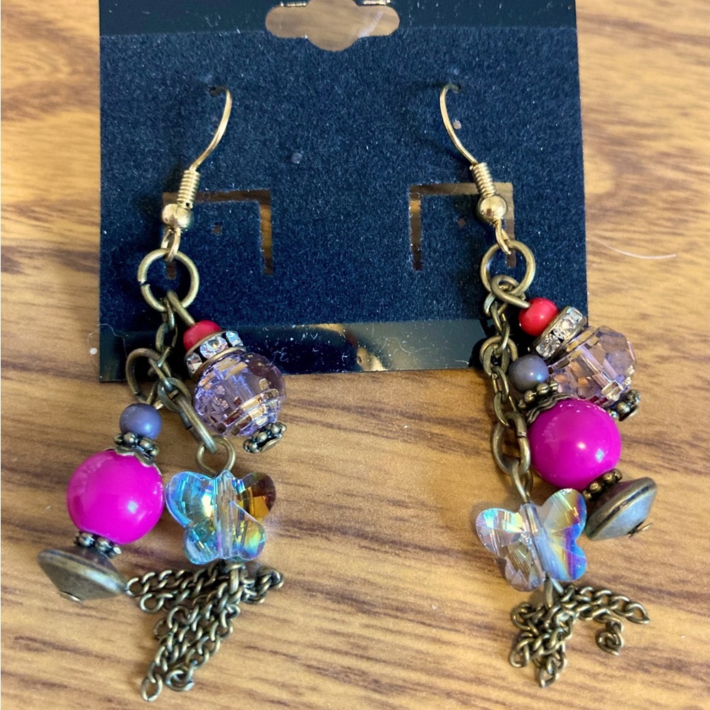 HANDMADE CRYSTAL BUTTERFLY EARRINGS. GOLD TONE. 2” DROP